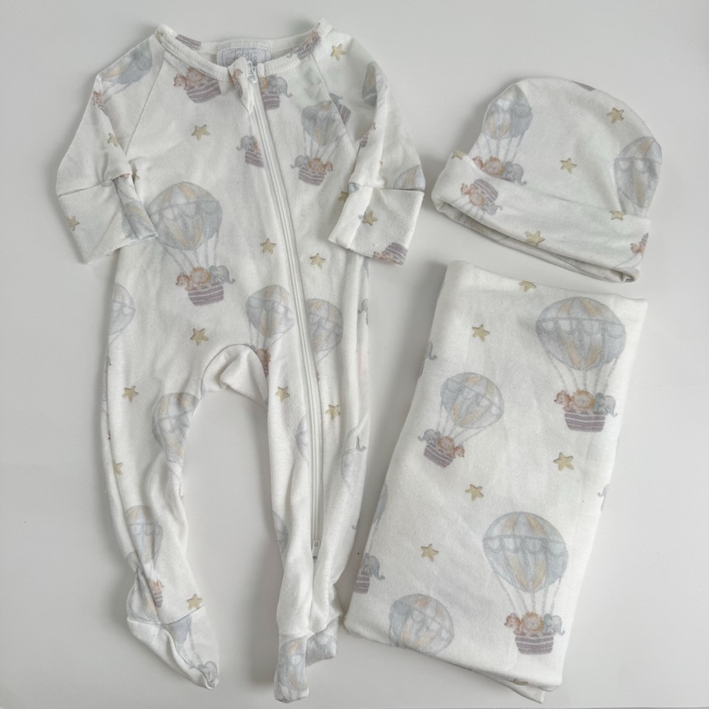 Toby hot air balloon 3 piece set-footie/hat/swaddle nb